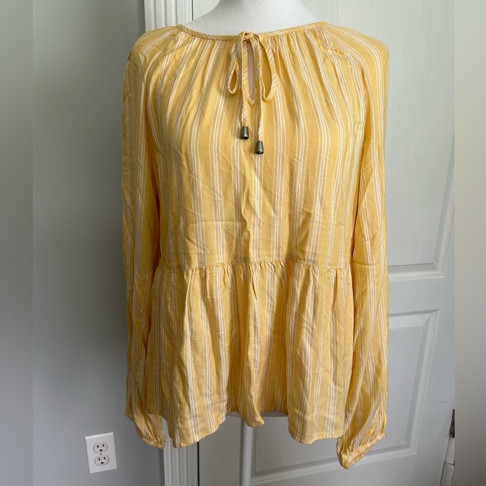 Time and True Yellow & White Striped Top with Tie Detail & Bell Sleeves Size Med
